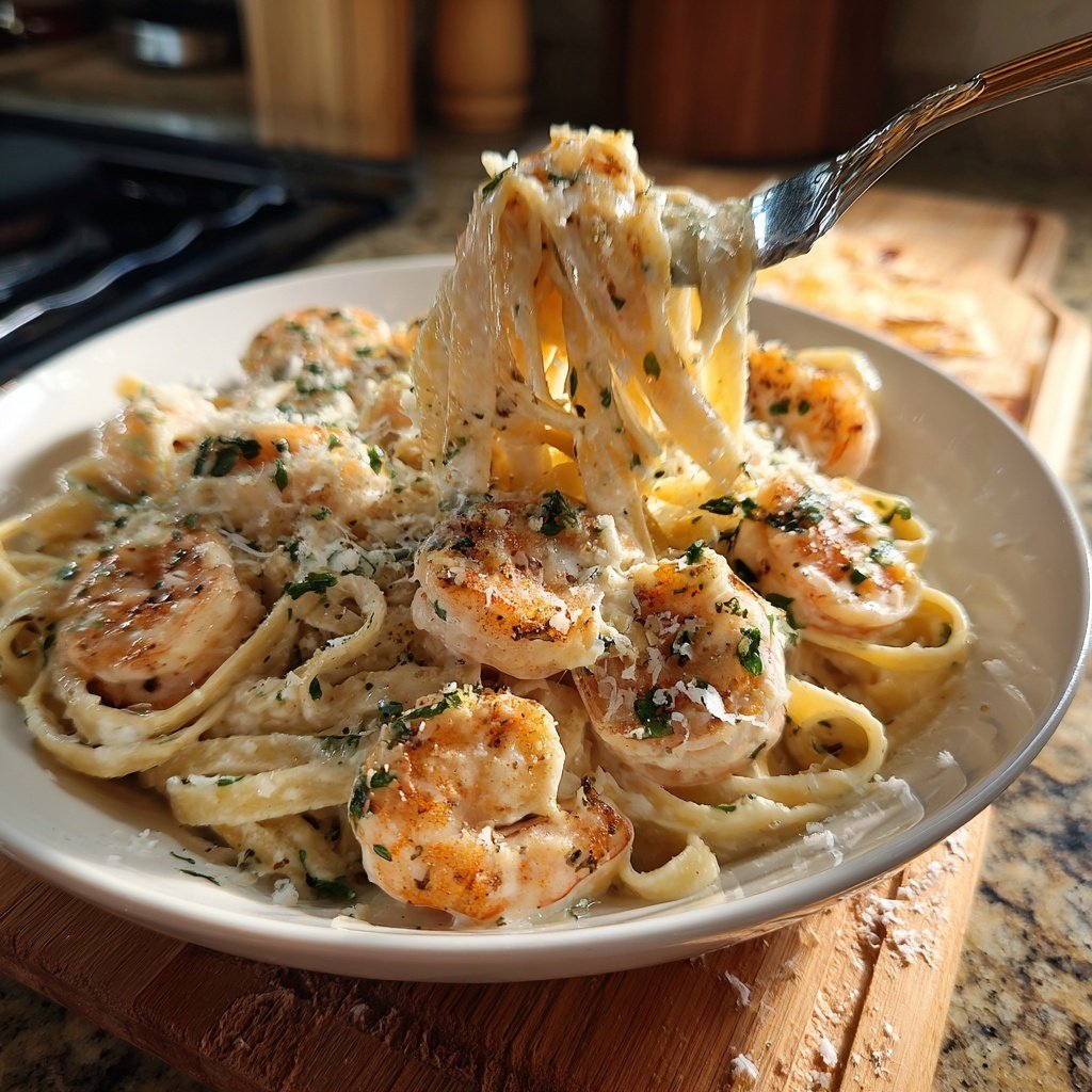 Shrimp Alfredo Pasta With Garlic Cream Sauce
